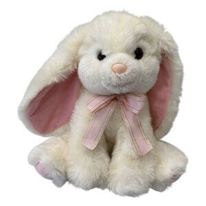 Russ Berrie White Plush Bunny Pink Ears Ribbon Soft Cuddly Stuffed Animal Easter